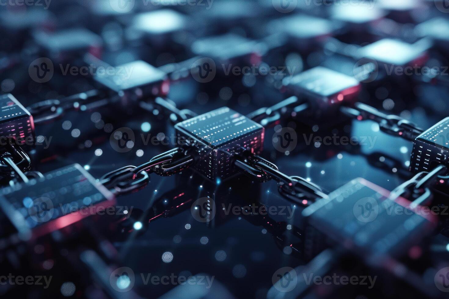 Close-up of advanced blockchain cubes connected by chains, symbolizing secure digital transactions photo