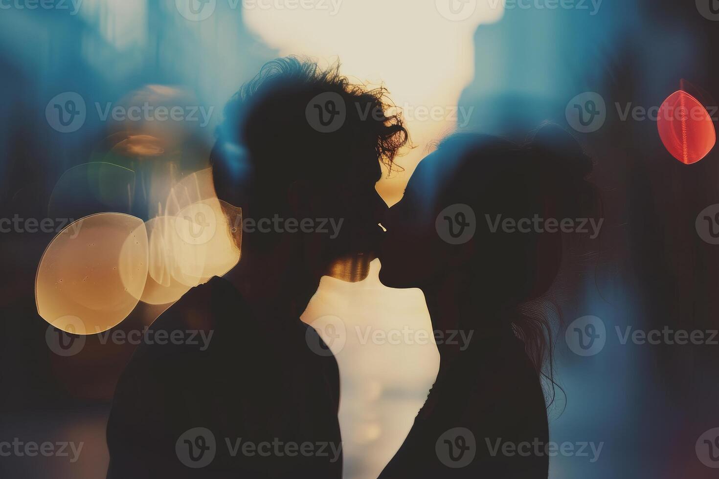 Romantic silhouette of couple kissing at dusk photo