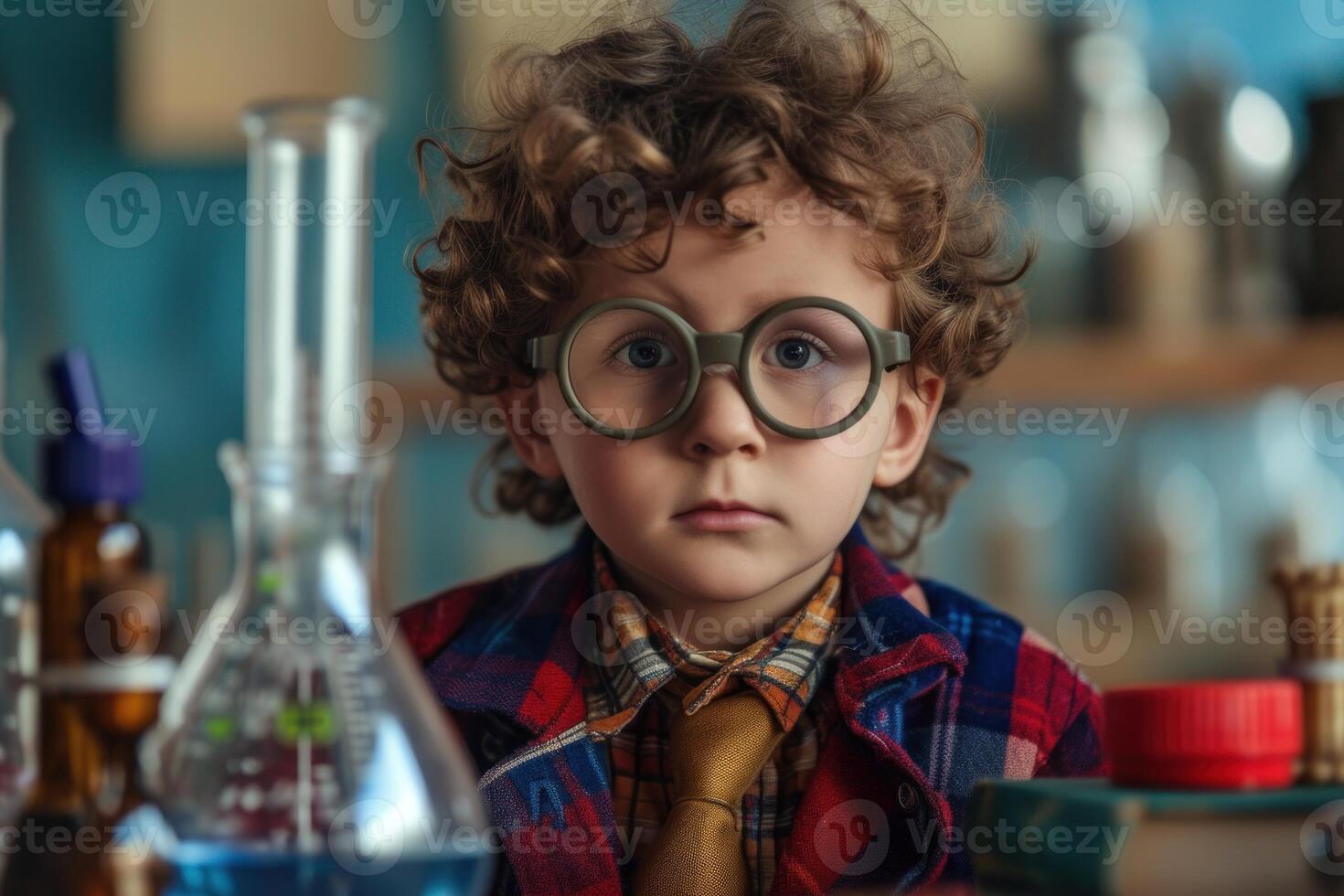 Curious young boy with large glasses surrounded by science lab glassware photo