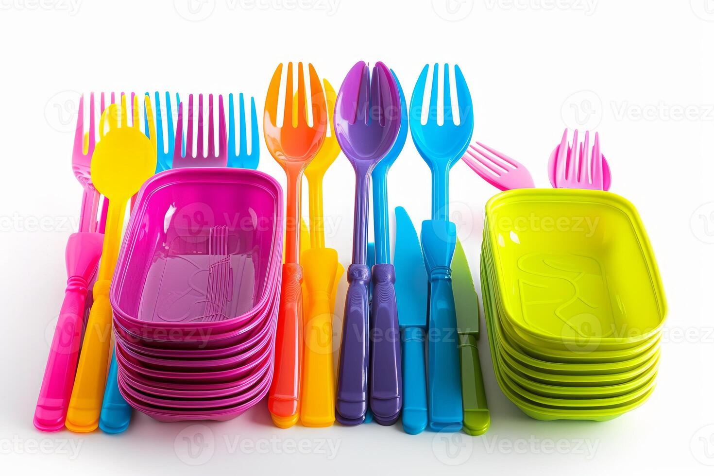 Colorful plastic tableware collection isolated on white photo