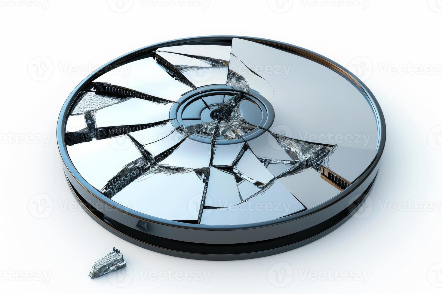 Shattered compact disc on white background photo