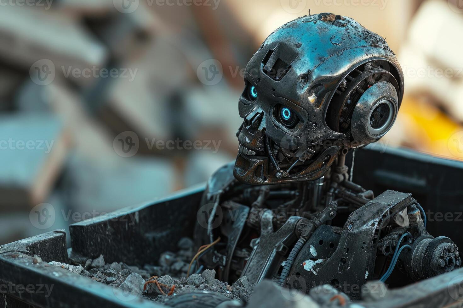 Futuristic robot head with blue eyes in junkyard photo