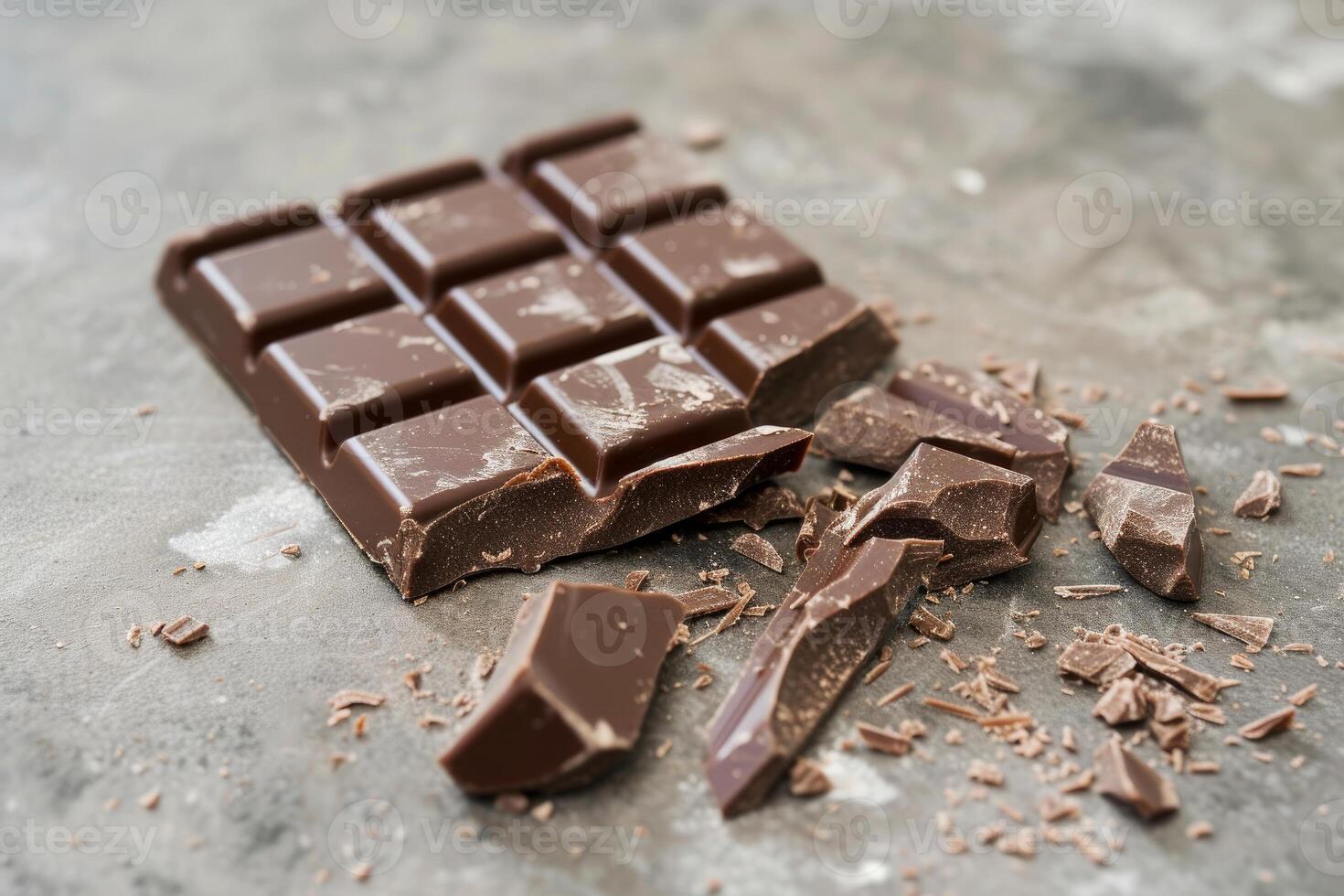 Broken chocolate bar on grey background photo