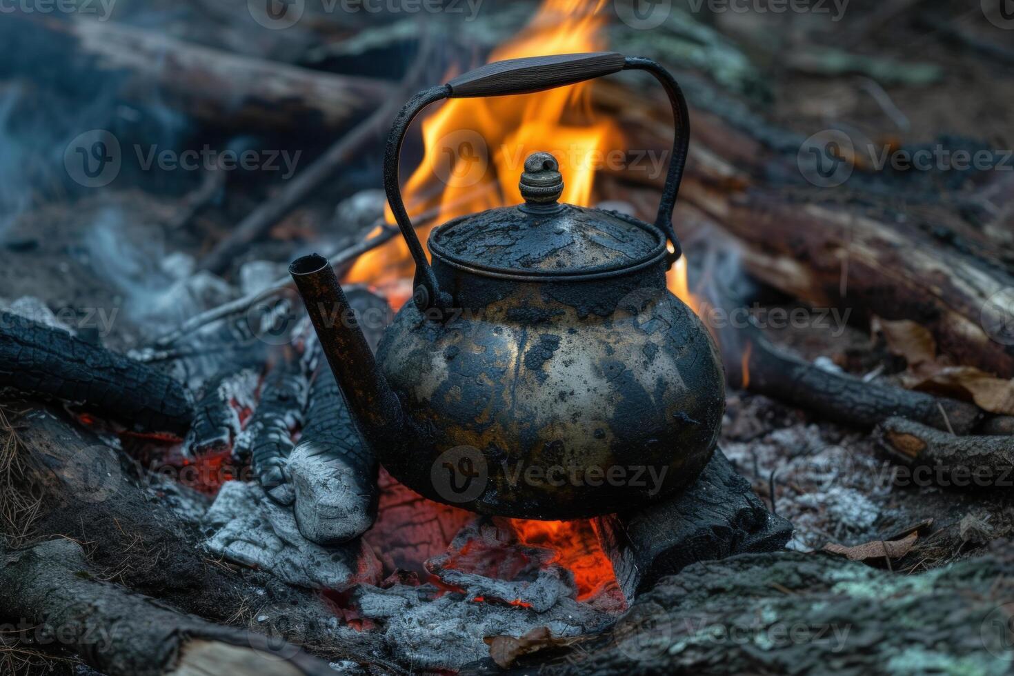 Rustic kettle boiling over campfire photo
