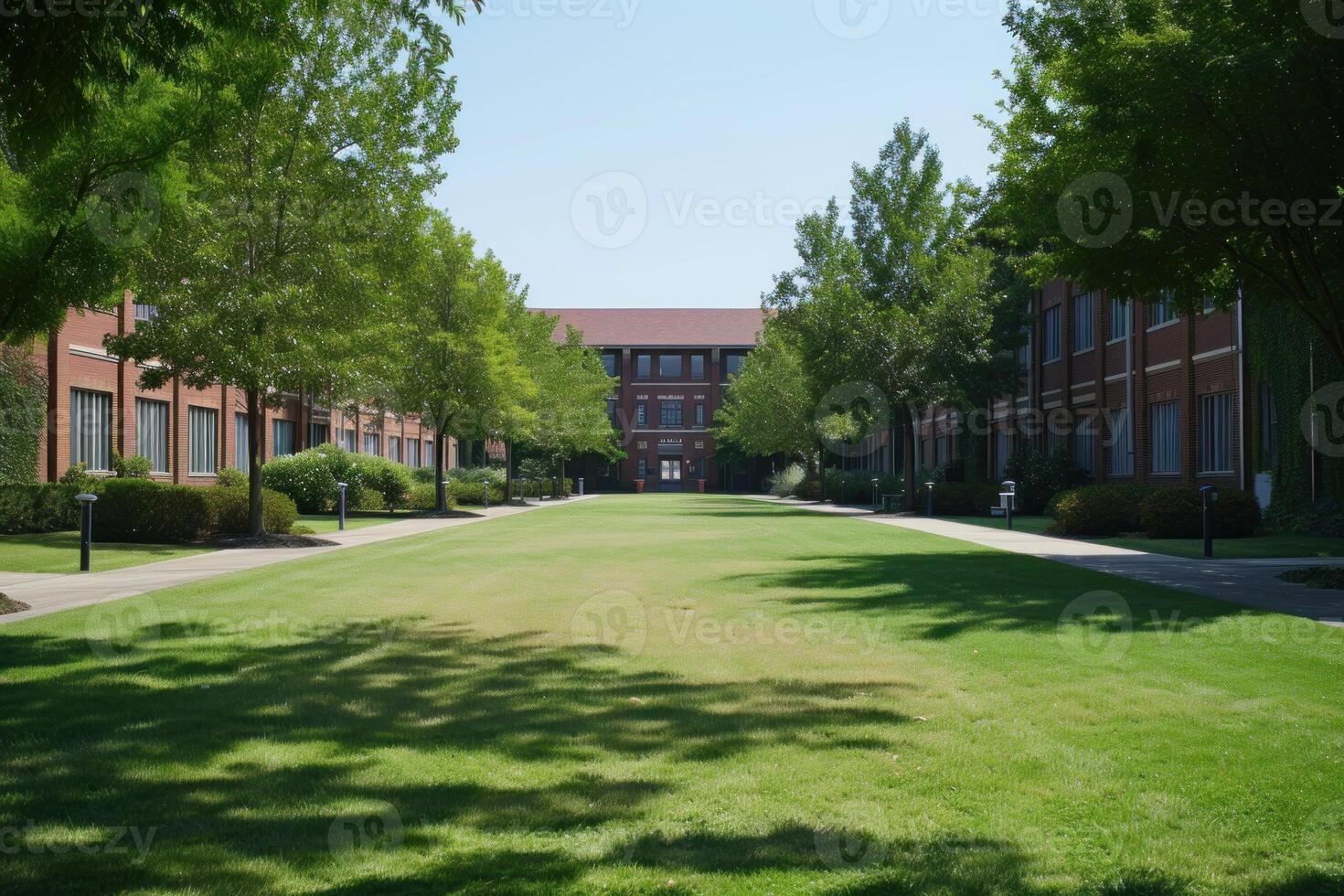 Peaceful pathway leads through green lawns with modern buildings on a sunny day at a university campus photo