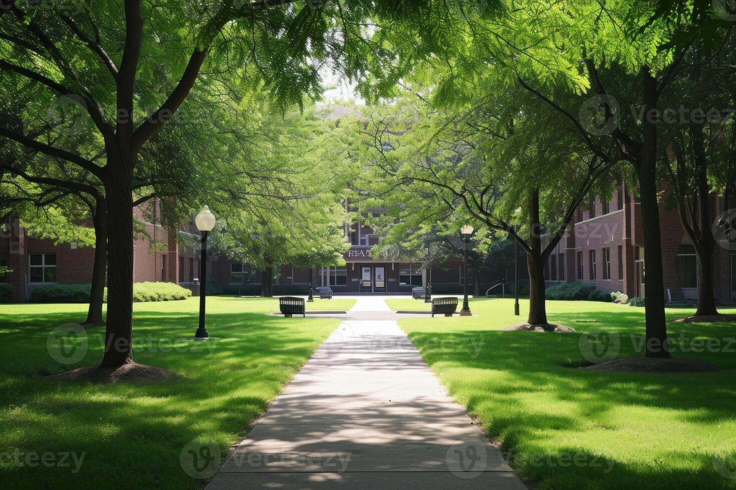Serene walkway lined with trees leading to an academic building on a sunny day photo