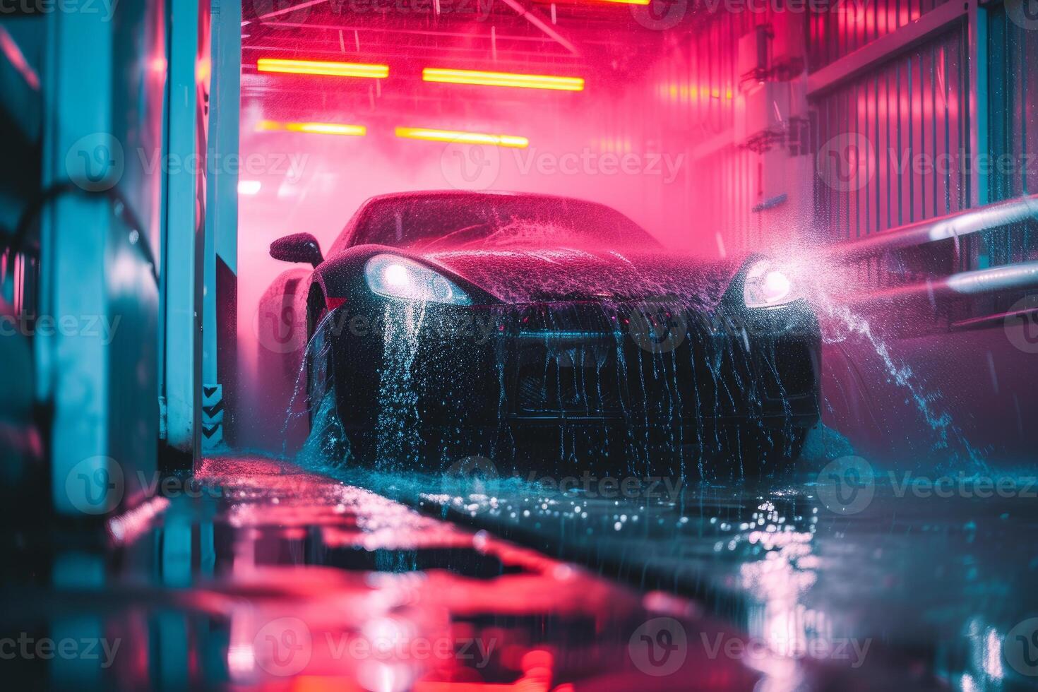 Neon lit car wash at night photo