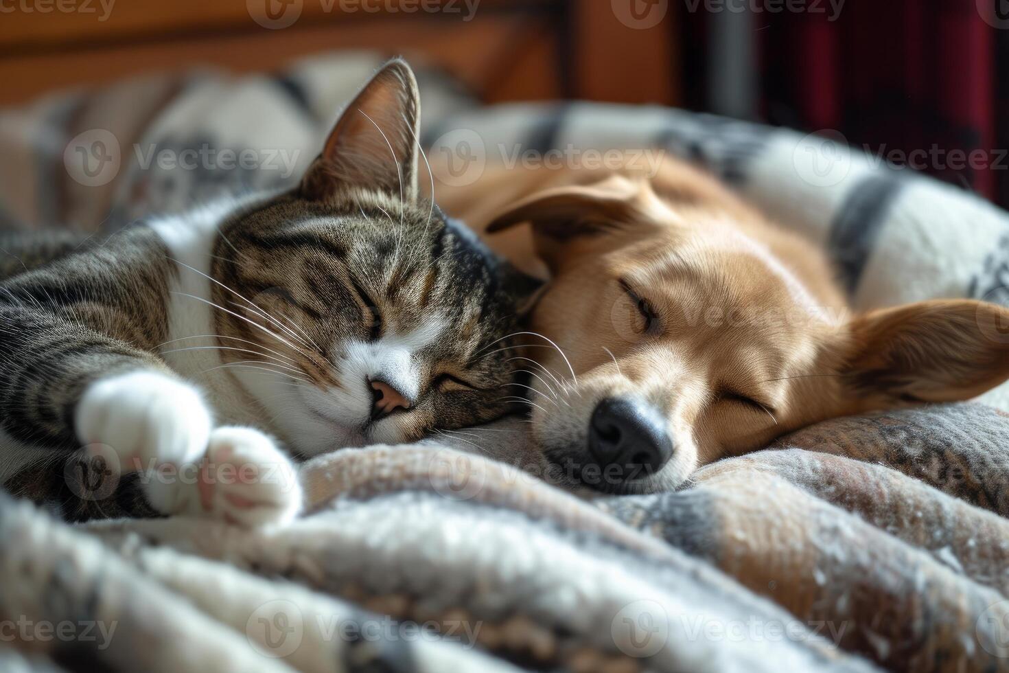 Peaceful cat and dog sleeping together photo