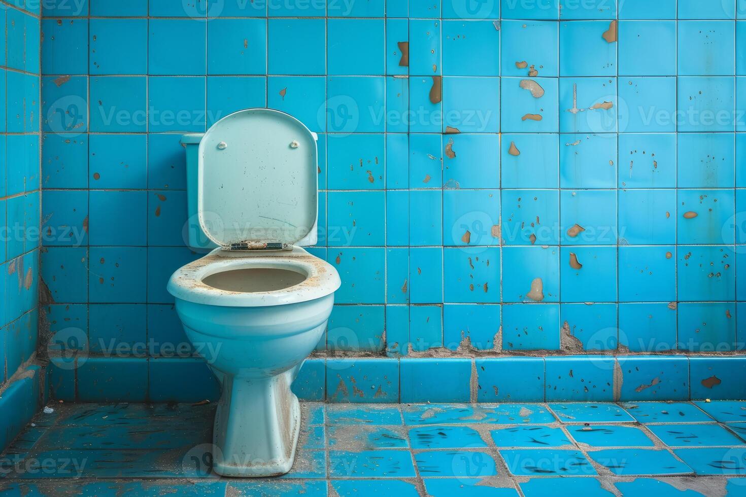 Abandoned bathroom with broken tiles and old toilet photo