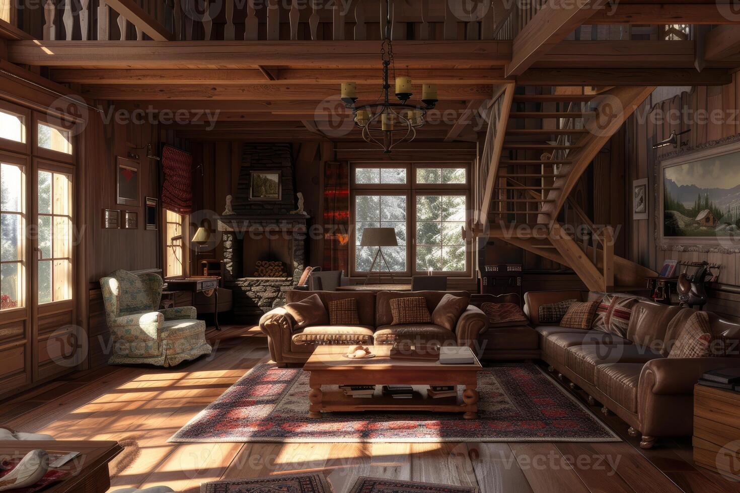 Cozy rustic cabin interior at sunset photo
