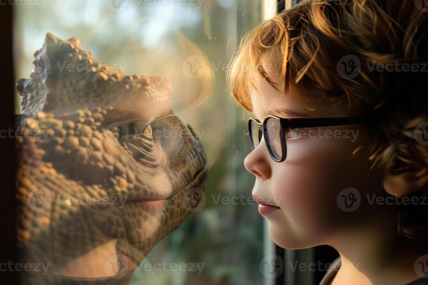 Curious child face to face with iguana through glass photo