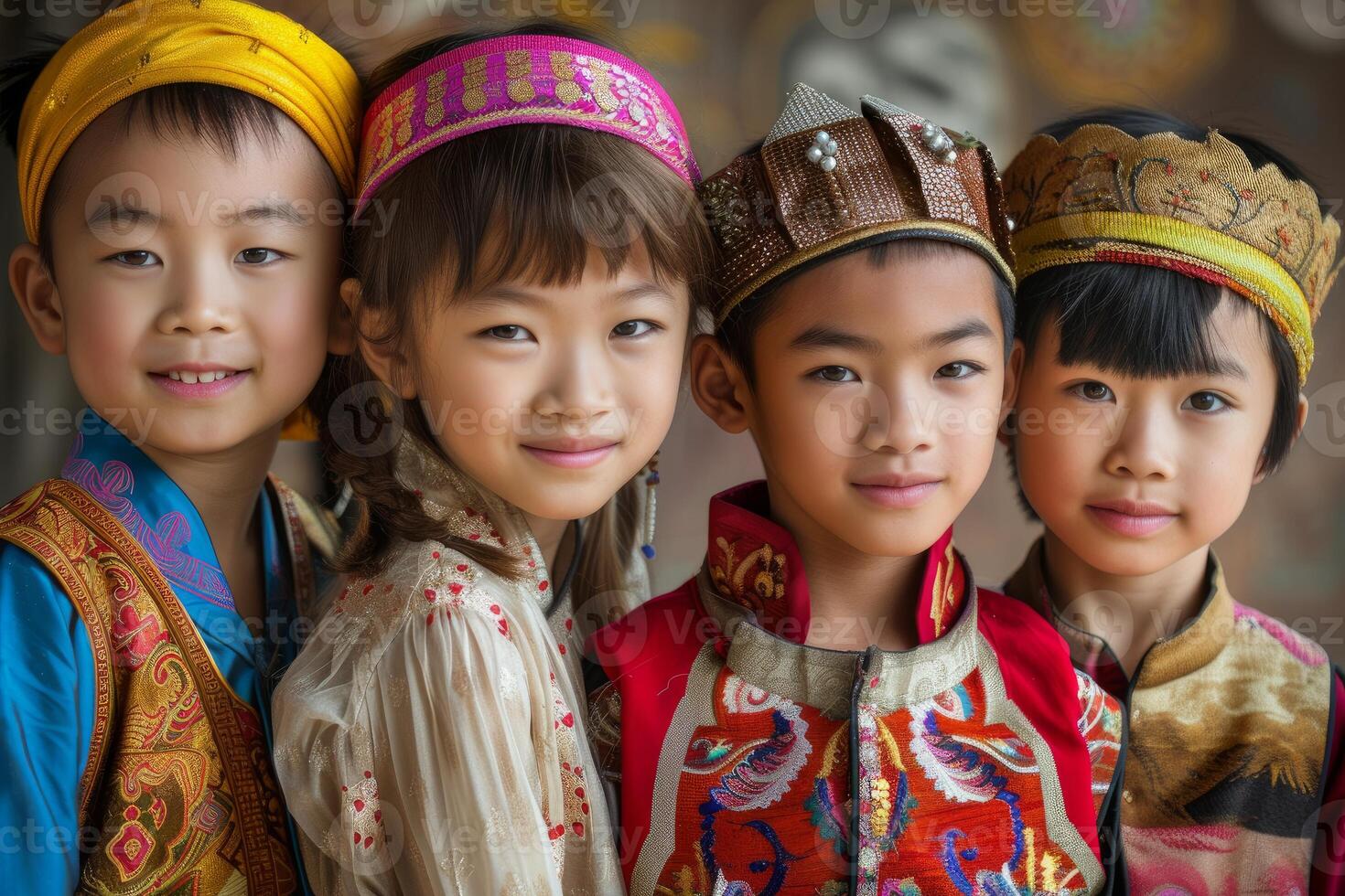 Children in traditional asian attire smiling together photo