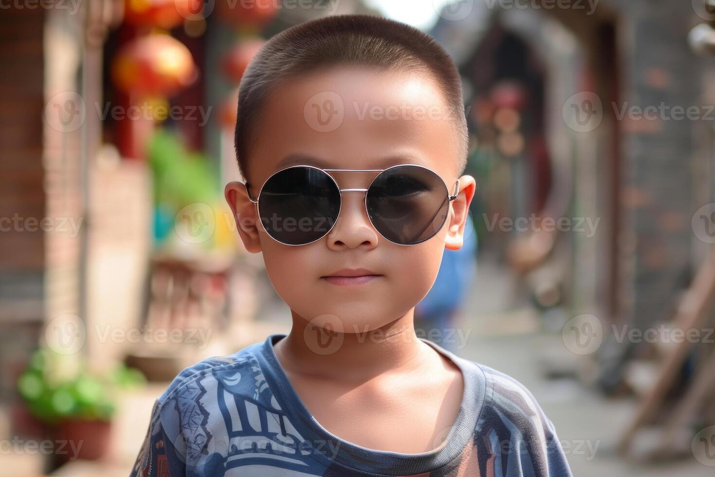 Cool kid in sunglasses posing outdoors photo