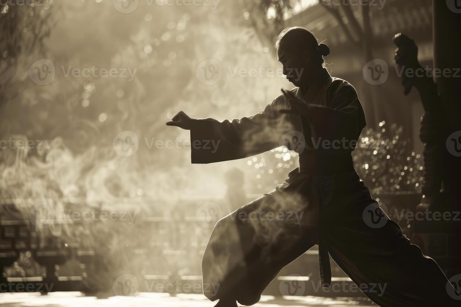 Silhouette of martial artist practicing outdoors at sunset photo