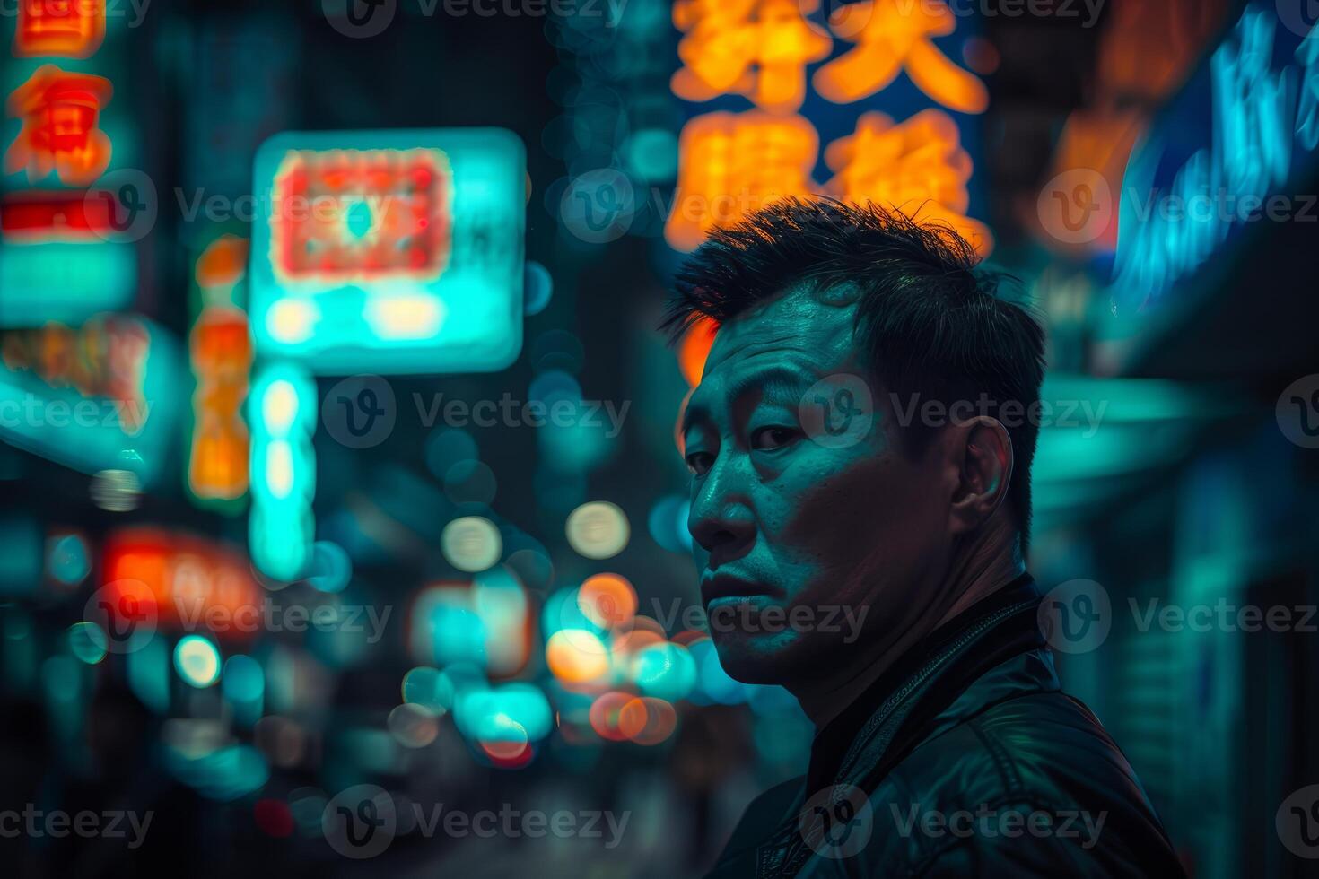 A contemplative man stands amidst a neonlit urban night scene photo