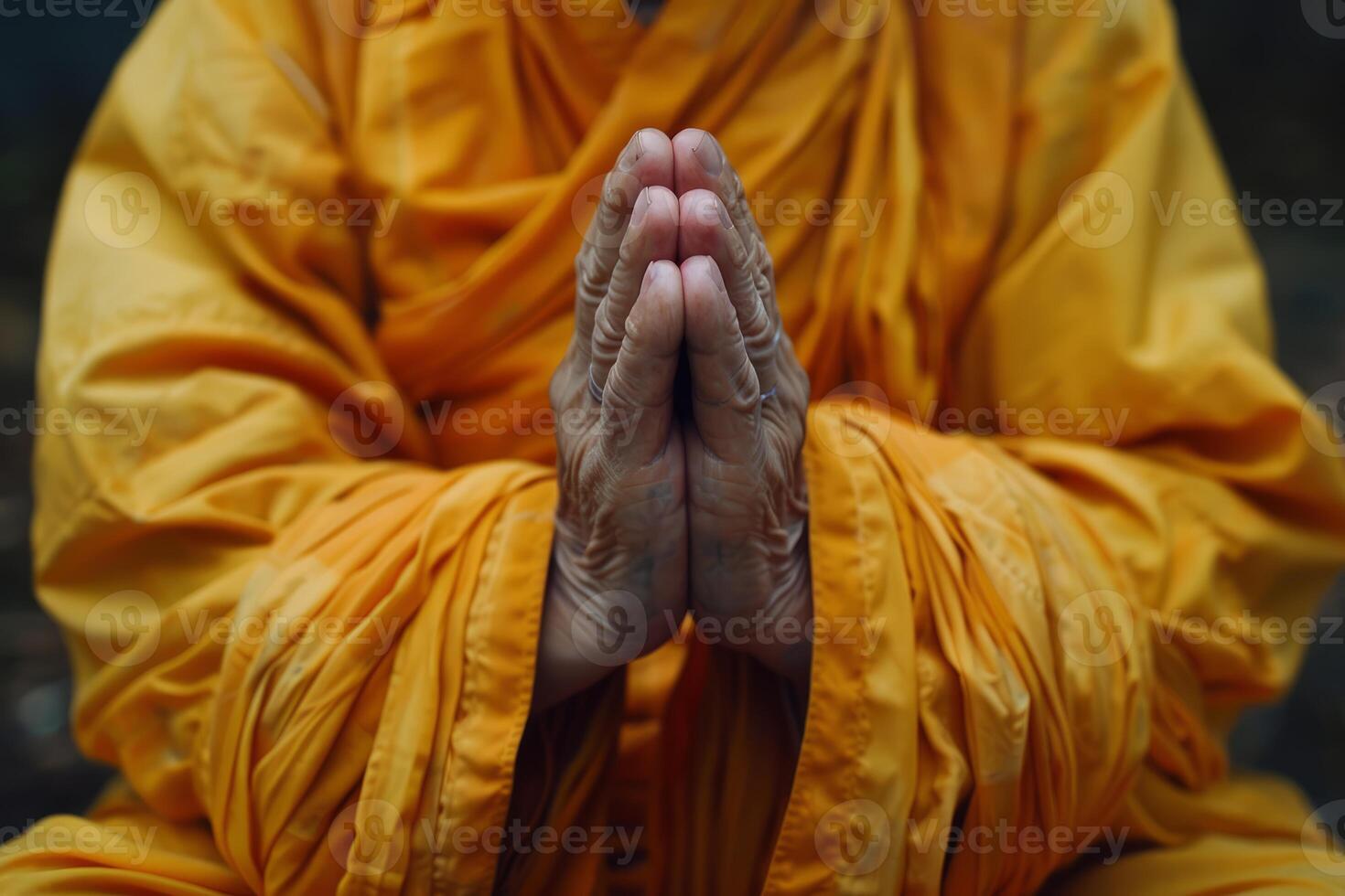 Monk in meditation with hands in prayer position photo