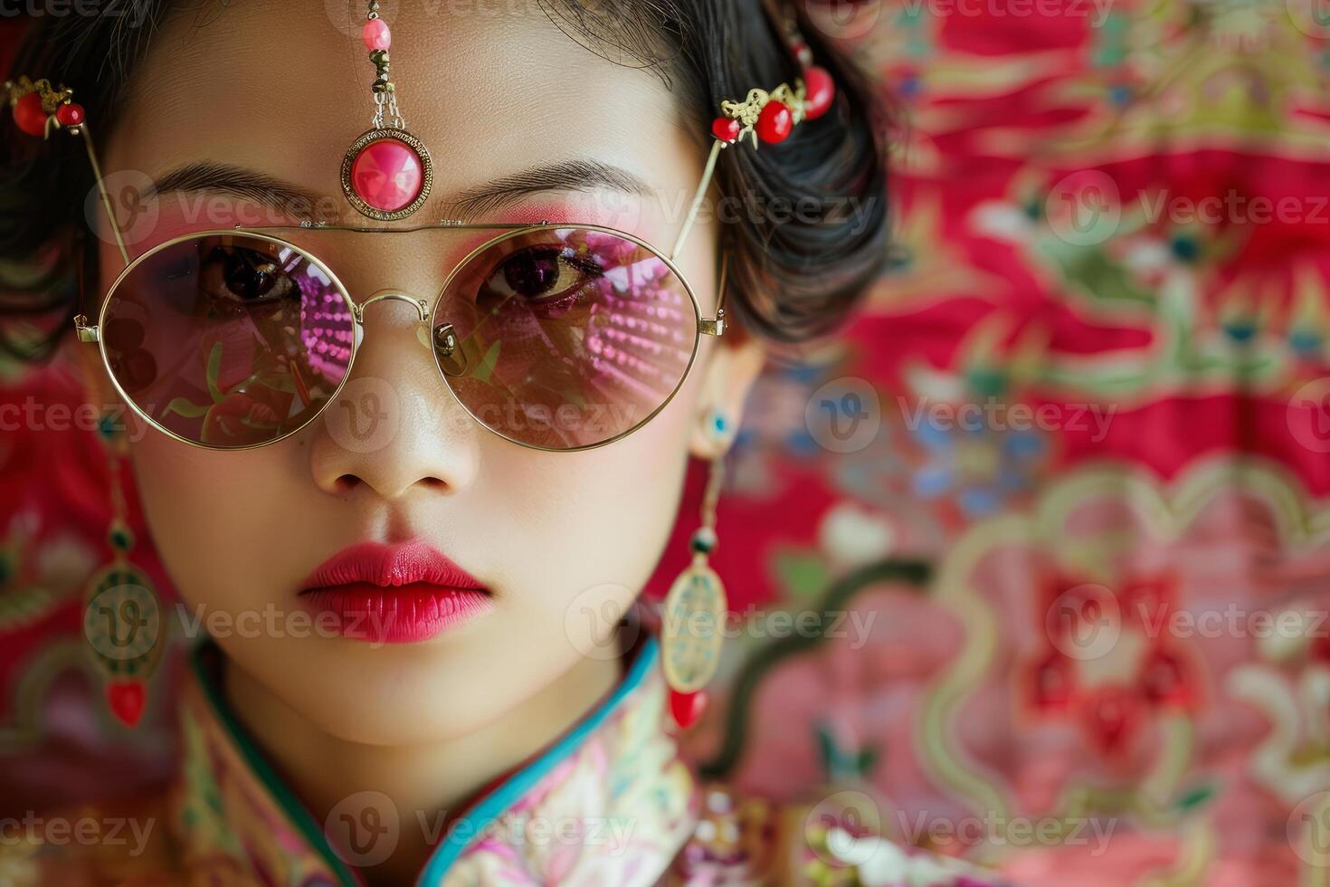 Fashionable woman in traditional chinese attire with sunglasses photo