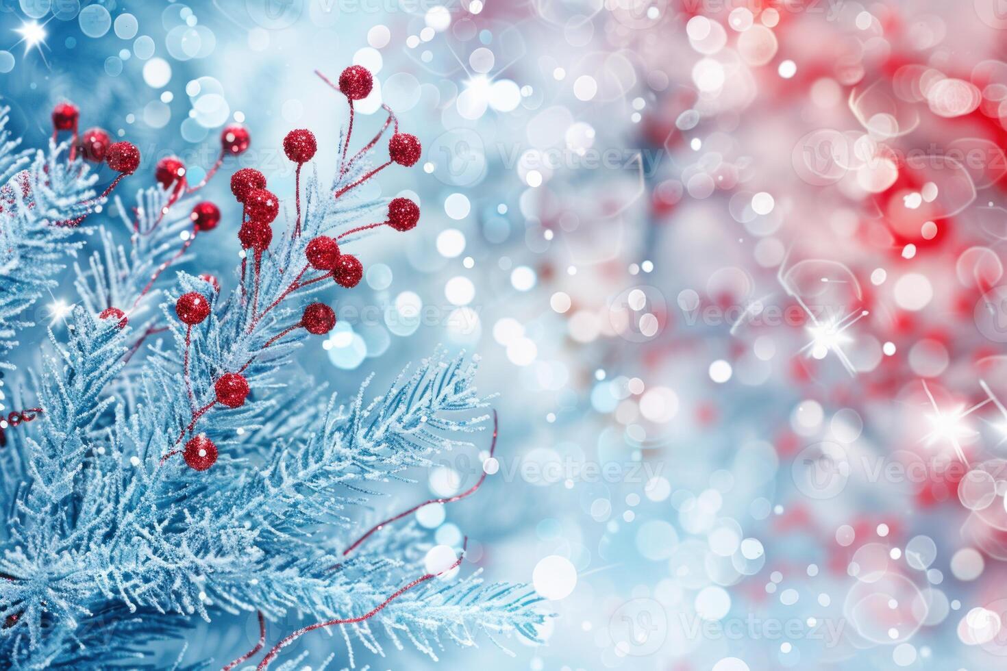 Sparkling holiday backdrop with frosty branches and vibrant red berries photo