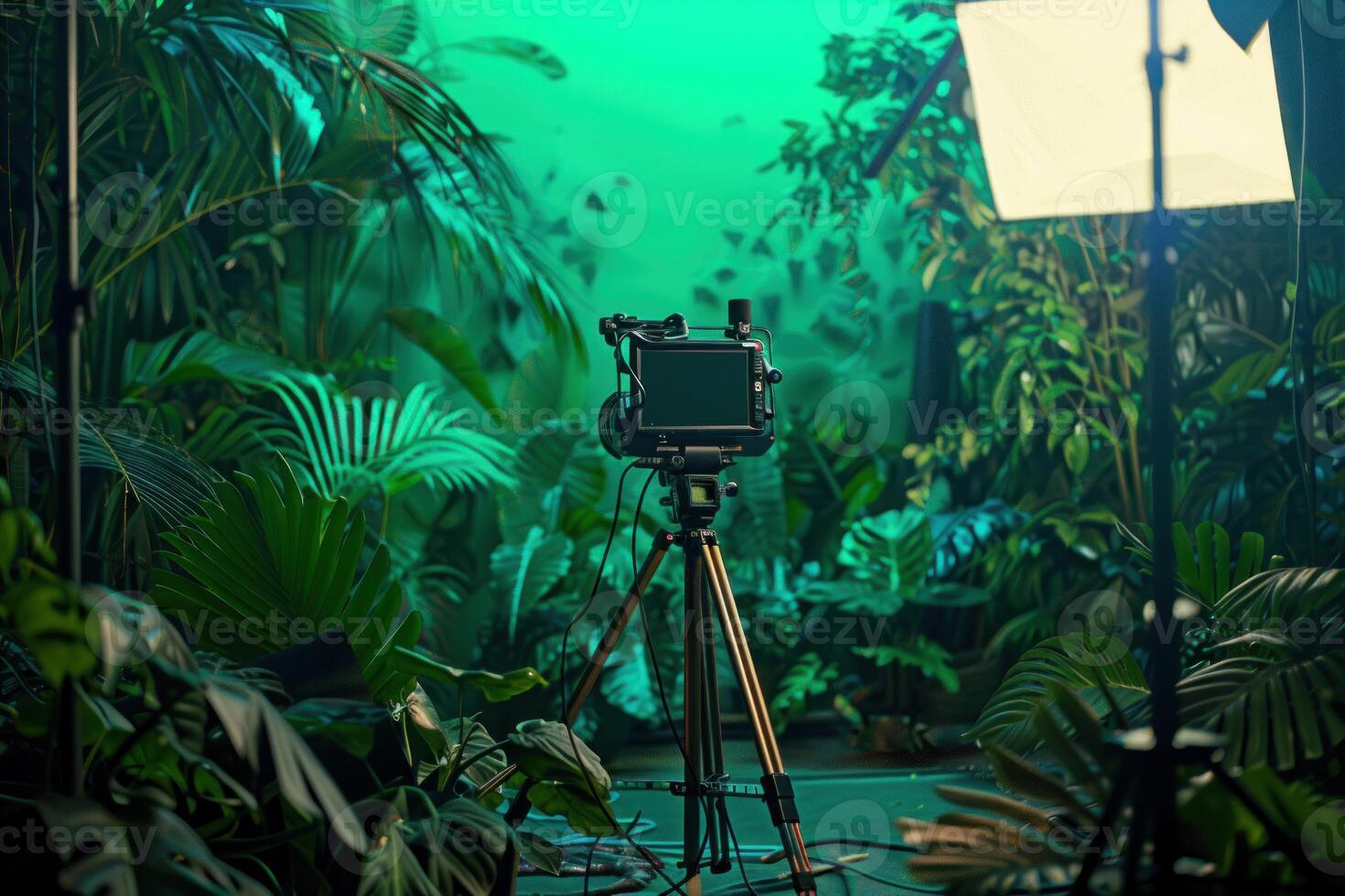 Professional camera setup in lush green studio environment photo