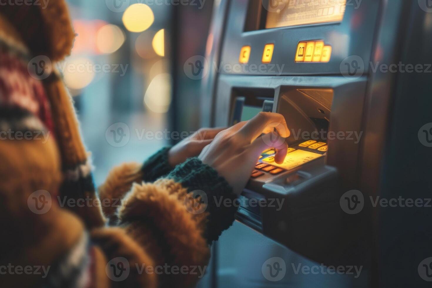 Person using atm in evening light photo