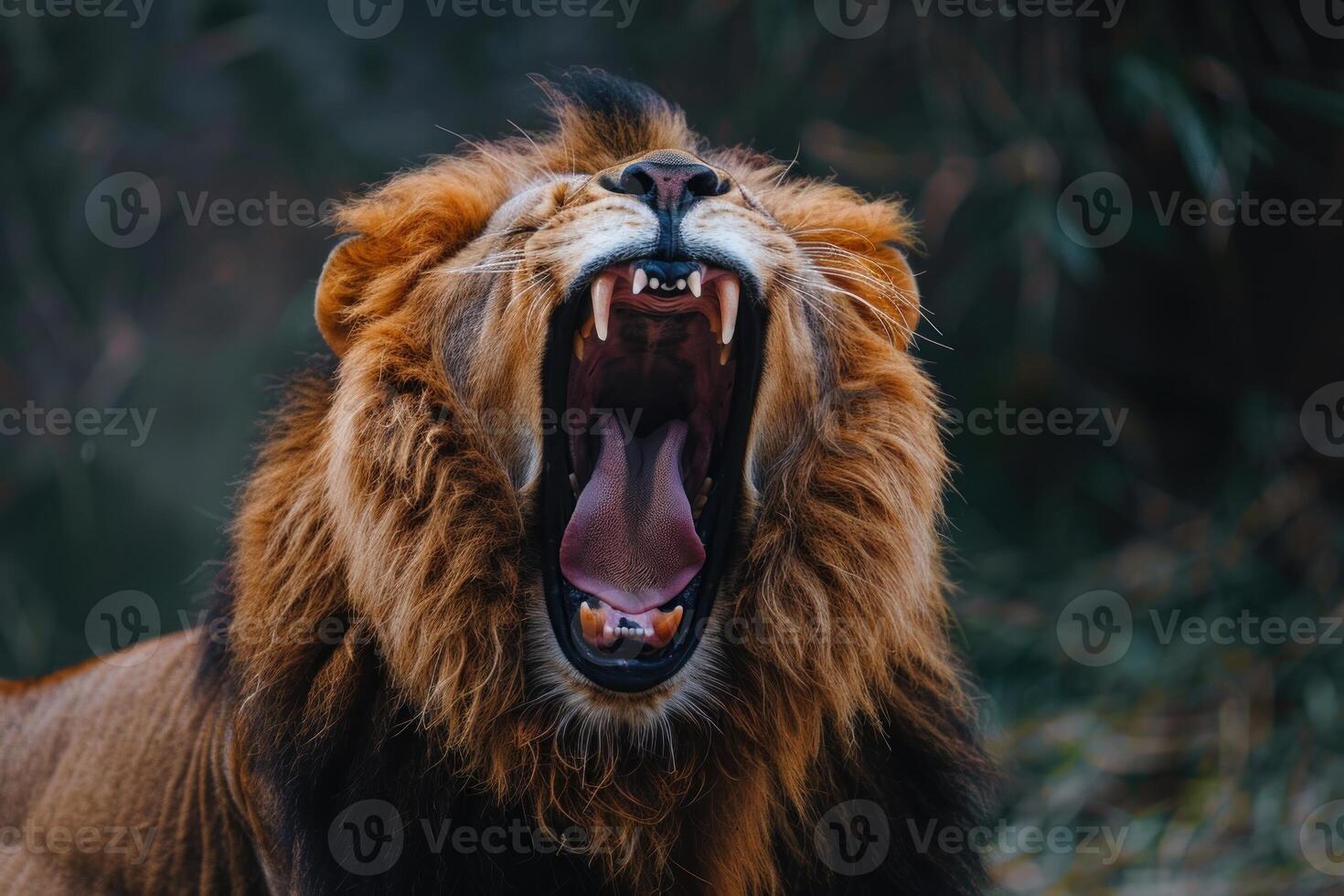 Majestic lion roaring in the wild photo