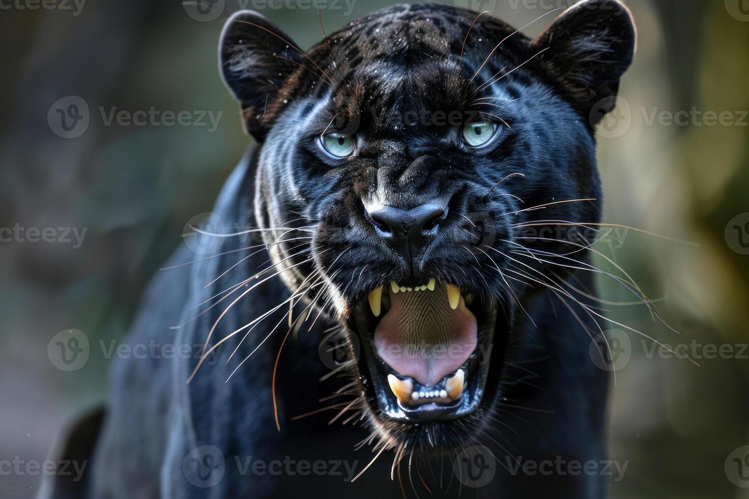 Striking closeup of a black panther snarling in its natural habitat photo