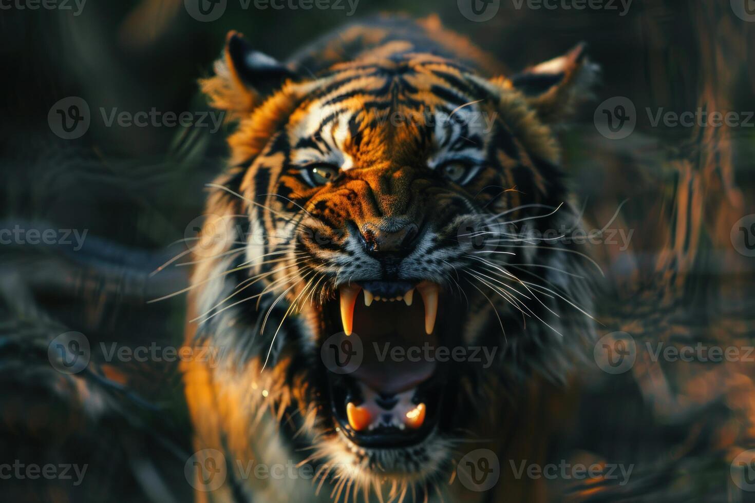 Fierce tiger roaring in the wild photo
