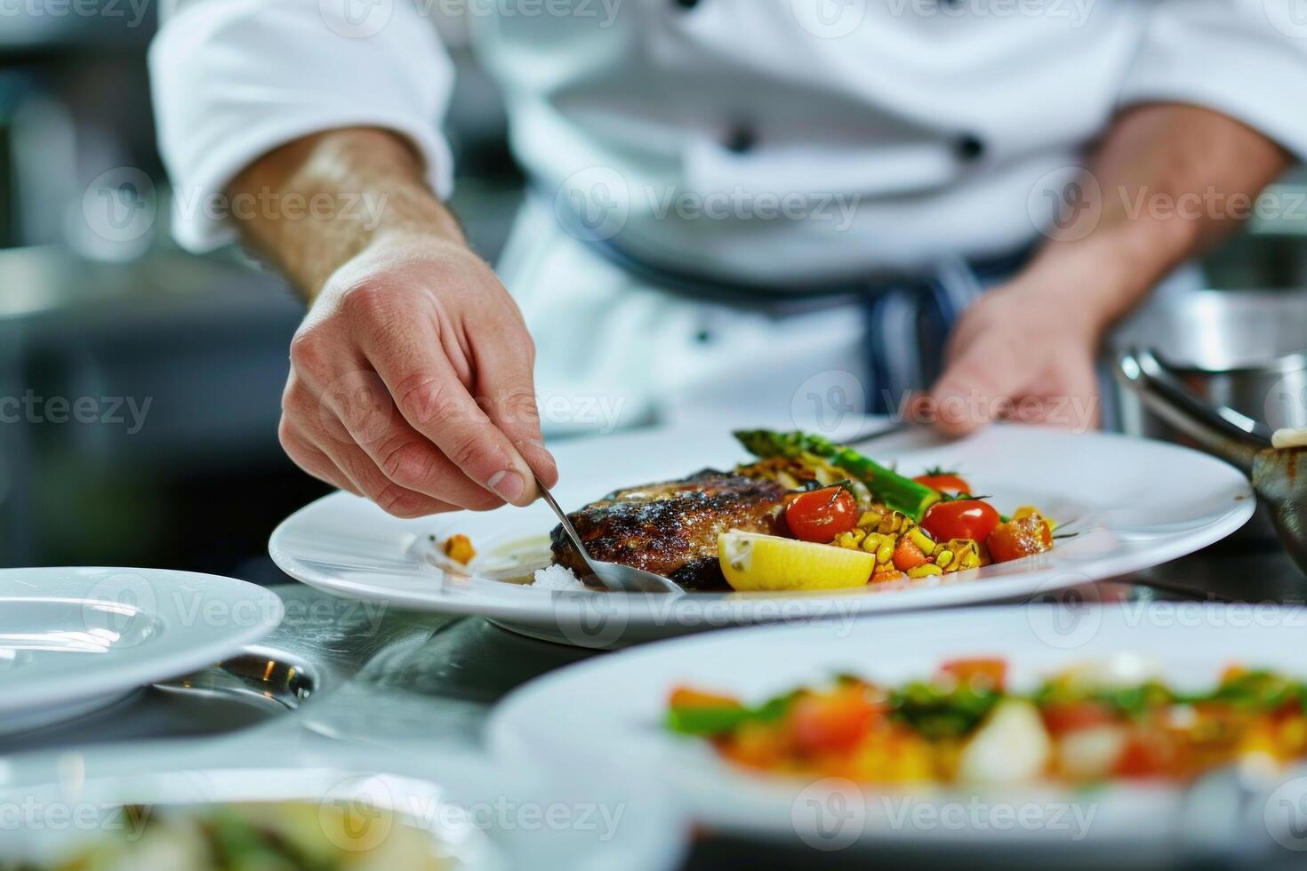 Gourmet chef finishing dish preparation photo