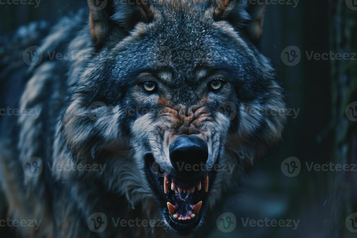 Intimidating grey wolf growling in the wild photo