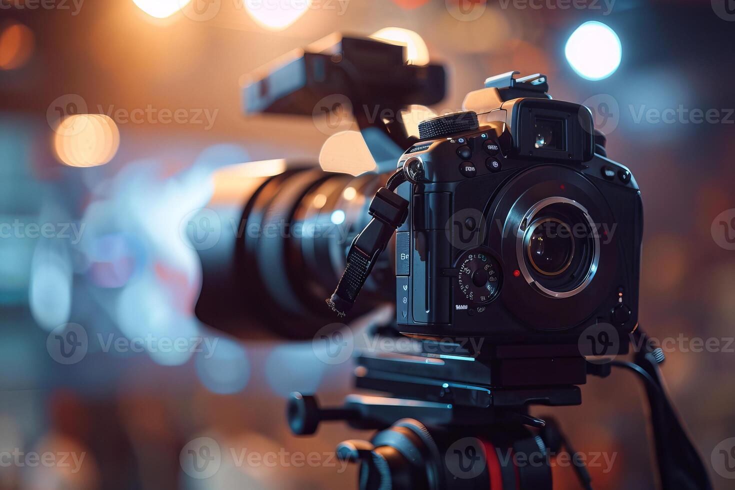 Professional camera on tripod with blurred lights photo