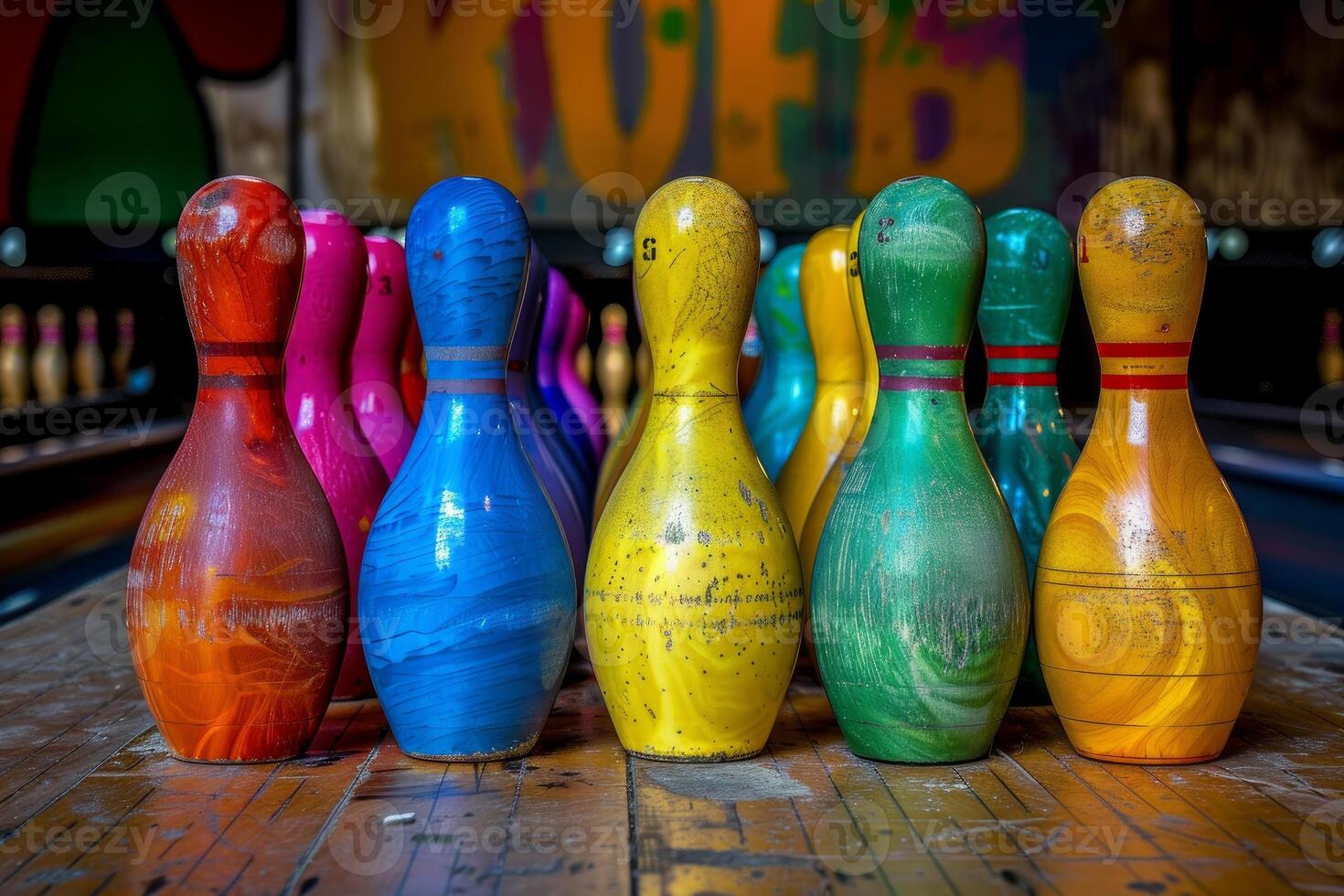 Vibrant bowling pins on alley photo