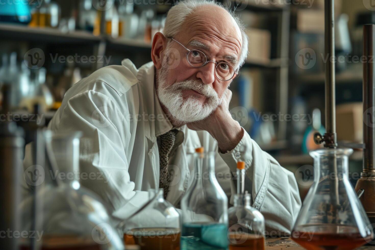 Pensive senior chemist in laboratory photo