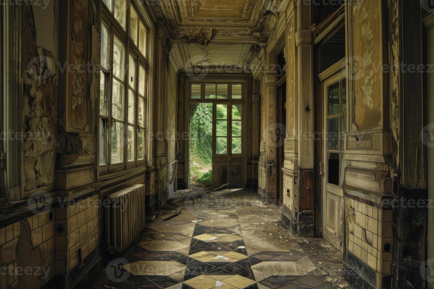 Dilapidated interior of an abandoned mansion, with peeling walls and a grand geometric floor photo