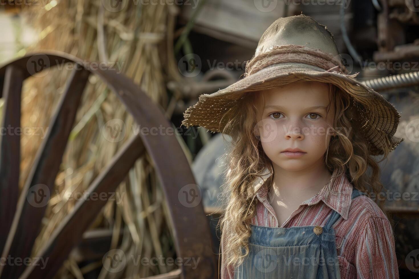 Young girl in straw hat with vintage farm background photo