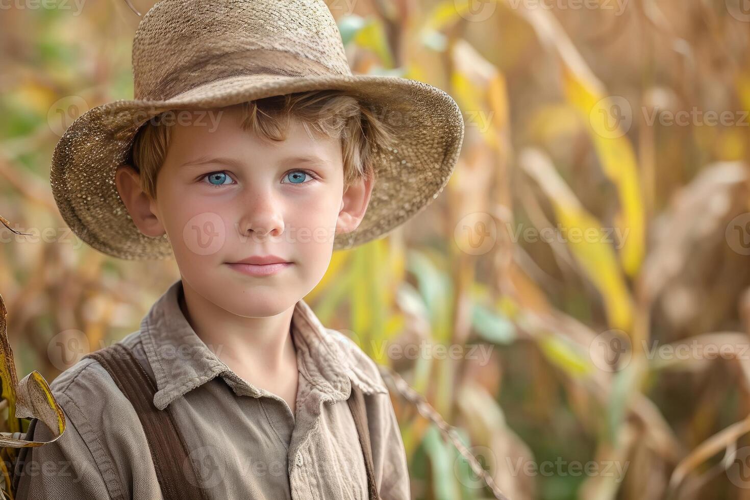 Young boy in straw hat against cornfield photo