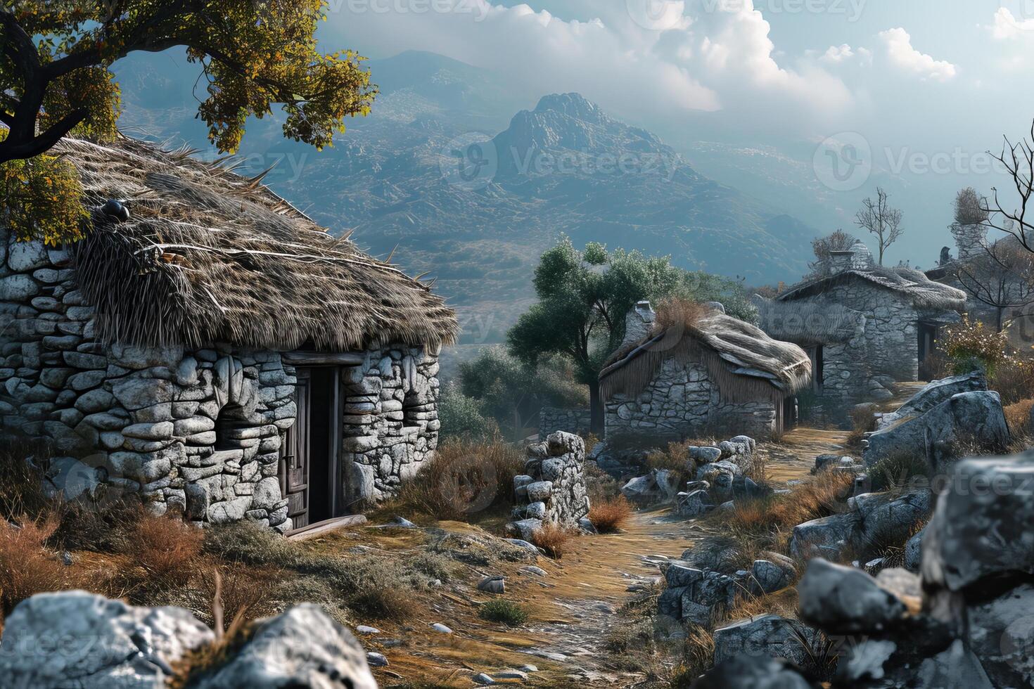 Ancient stone village pathway at dusk photo