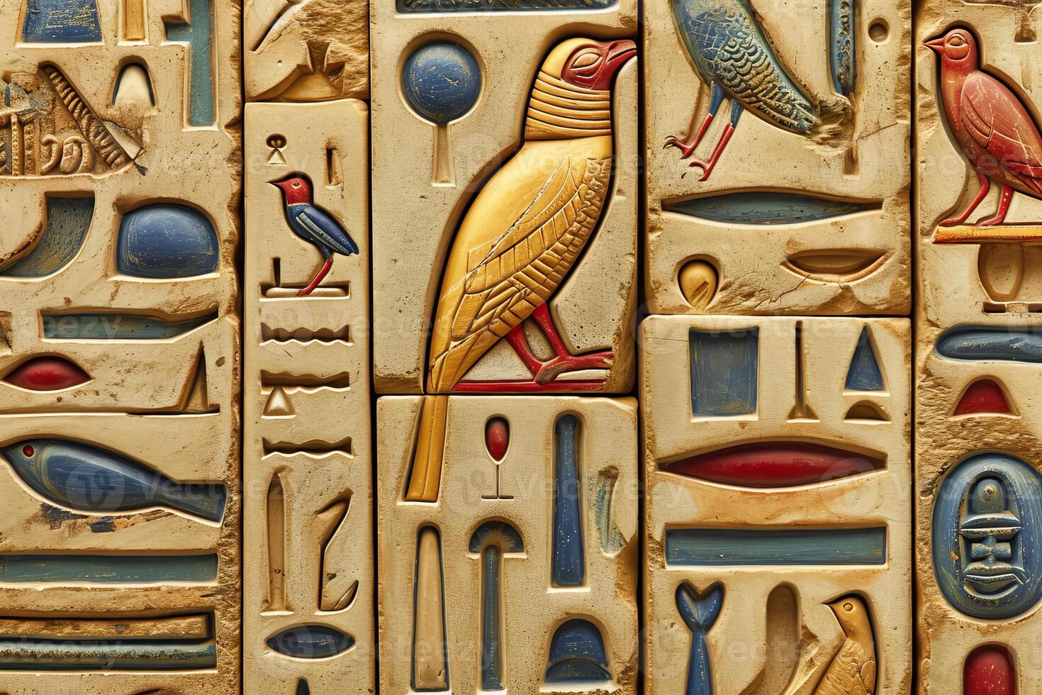 Monumental Ancient Egyptian hieroglyphic wall drawings. Generate ai photo