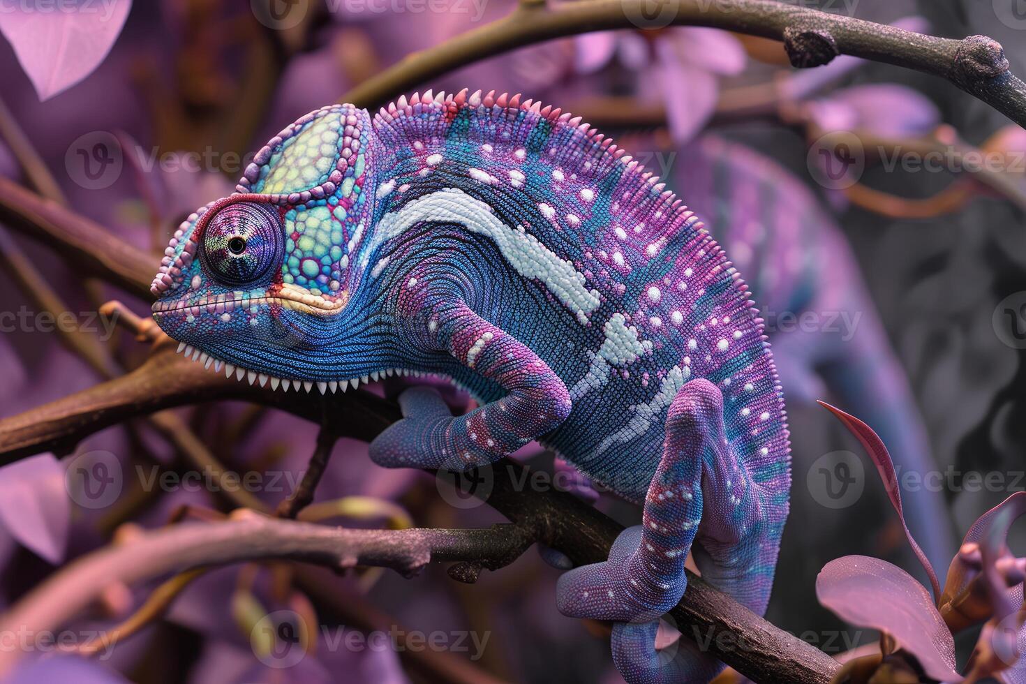 Distinctive Anthropomorphic chameleon violet. Generate Ai photo