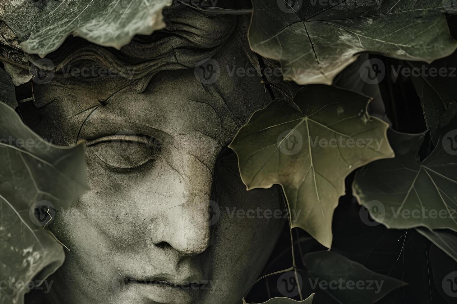 Timeless Ancient statue autumn leaves. Generate Ai photo