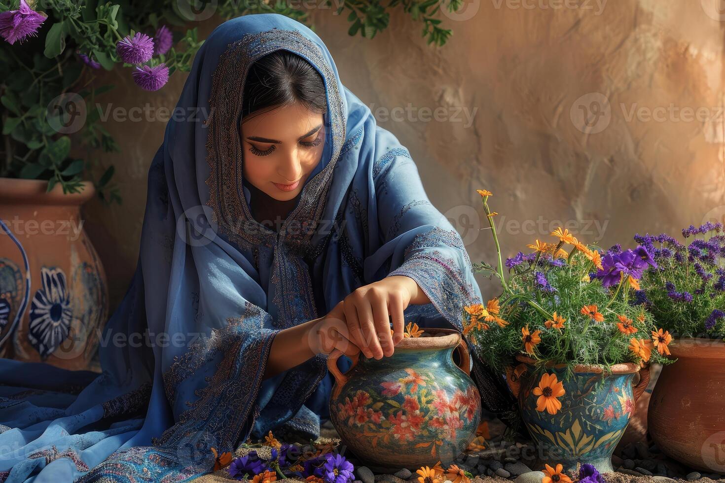 Tranquil lady tending to potted flowers in rustic setting photo