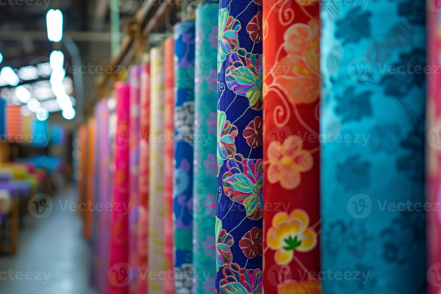 Colorful fabric rolls in textile shop photo