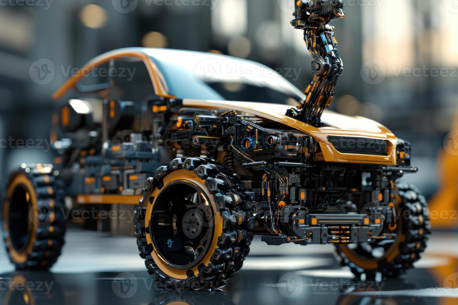 Robotic arm assembling futuristic car photo