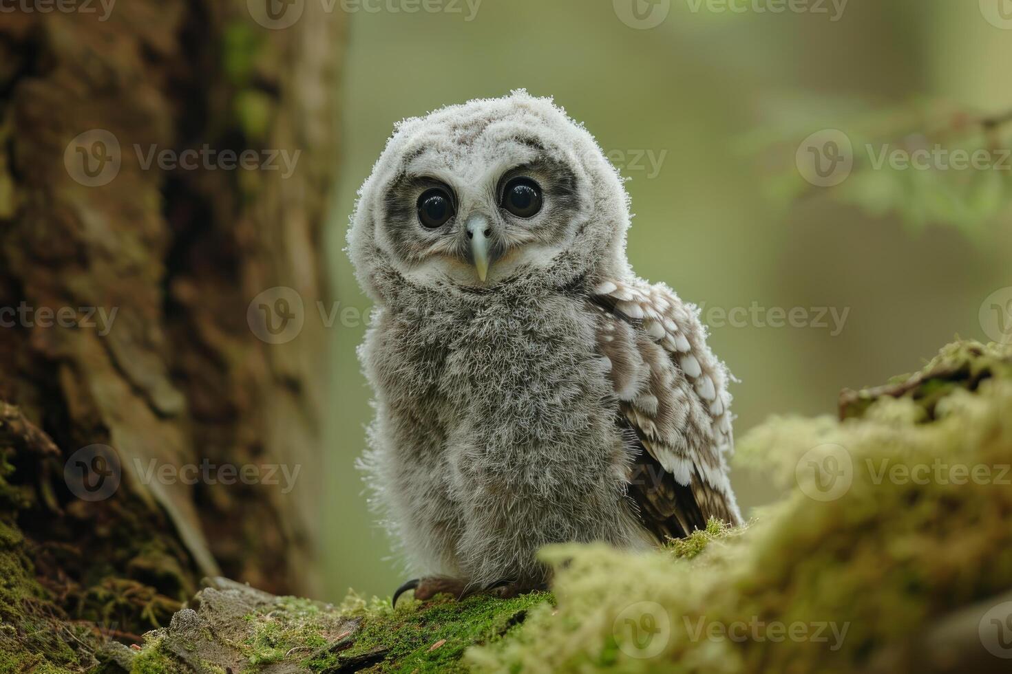 Nocturnal Cute baby owl in forest. Generate ai photo