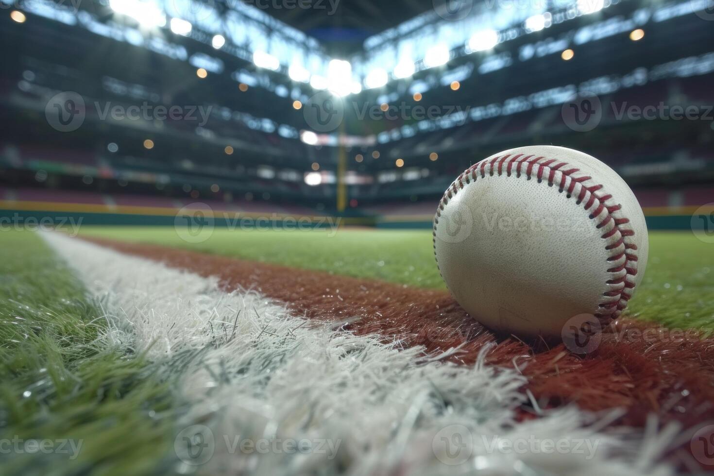 Close-up of baseball on field with stadium in background photo