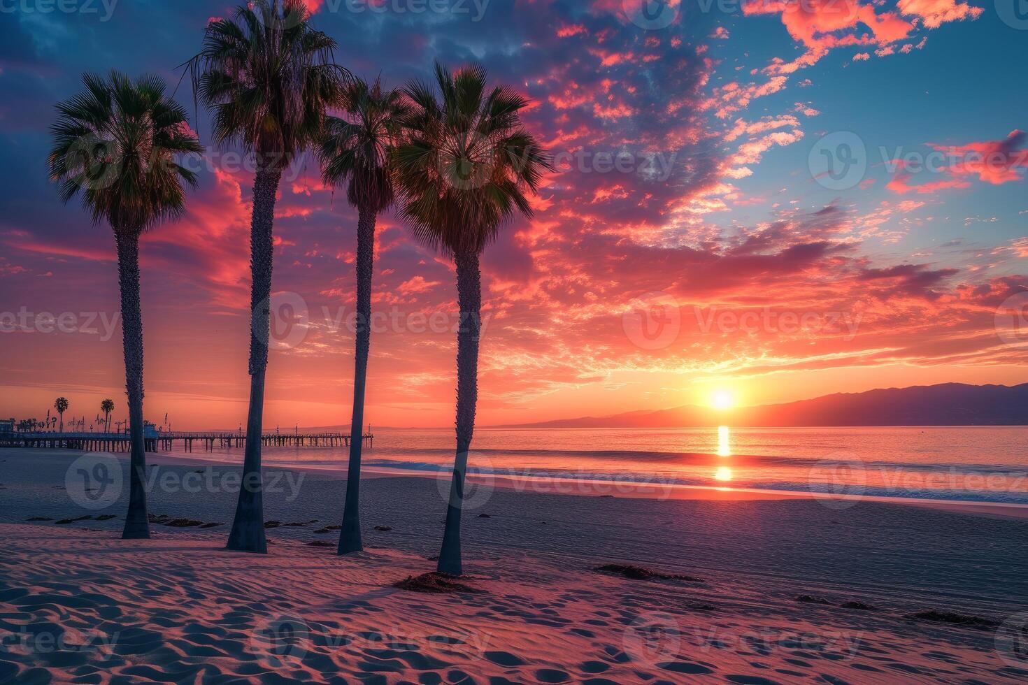 Enchanting Beach palms sunset sky. Generate Ai photo