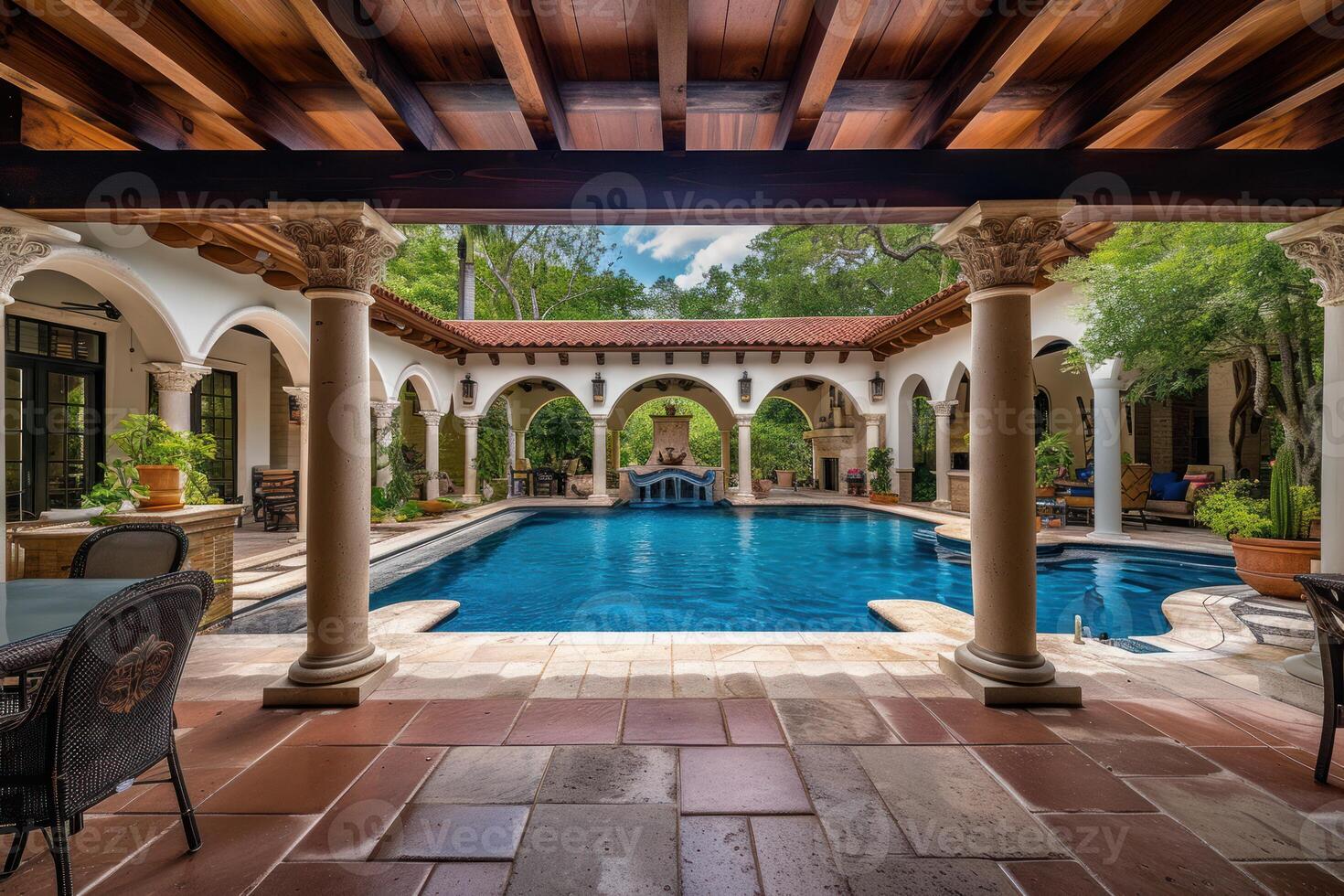Tranquil Patio with swim pool. Generate Ai photo