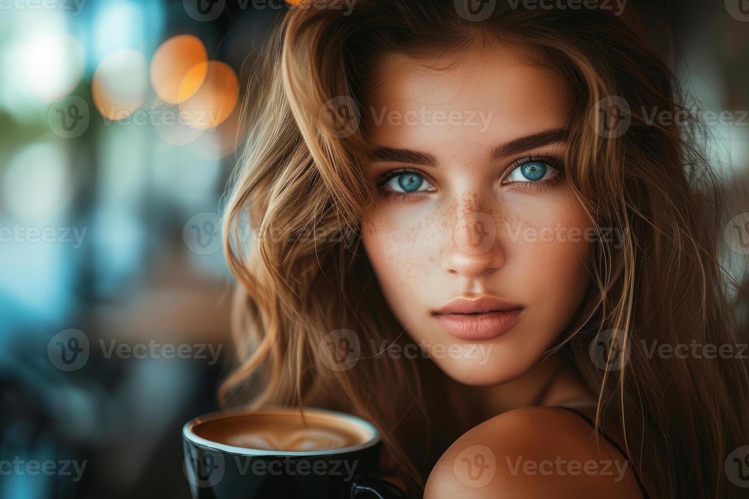 Enchanting woman enjoying coffee in cafe photo