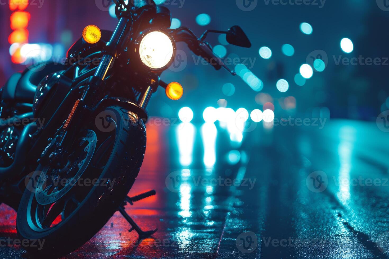 Gritty Biker motorcycle night street. Generate Ai photo