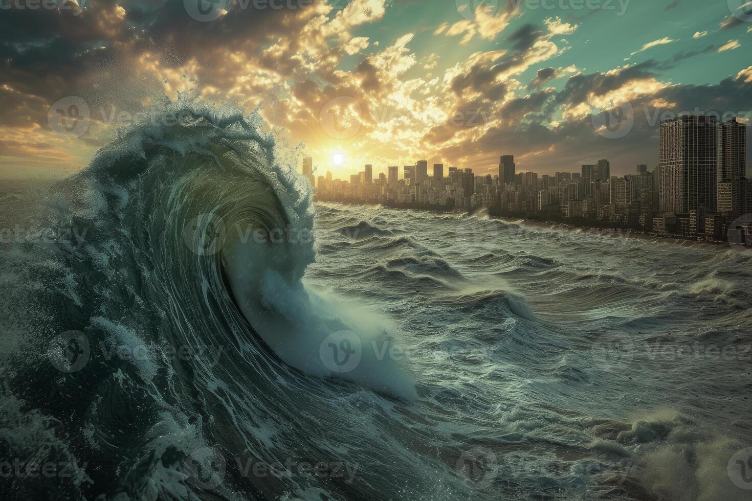 Towering Big wave going city. Generate Ai photo