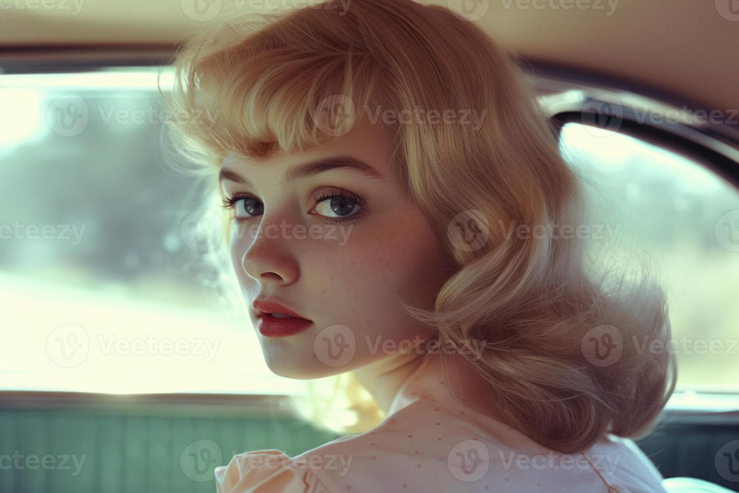Vintage style portrait of a young woman in classic car photo
